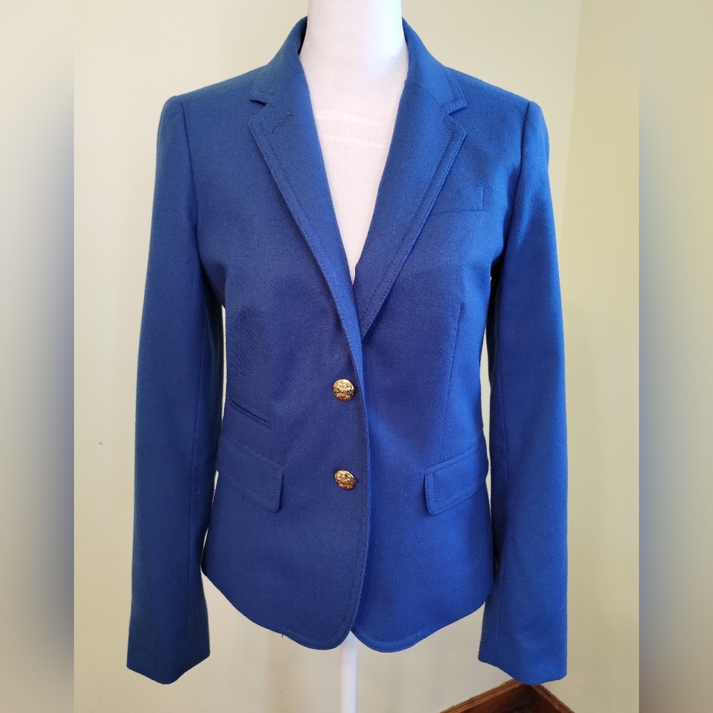 J.Crew Women's Schoolboy Classic Blazer Jacket Gold Button 100% Wool Size 2 Blue